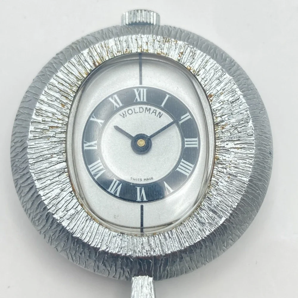 Vtg Woldman Necklace Pendant Watch Silver Tone Swiss Made 36mm Manual Wind Up